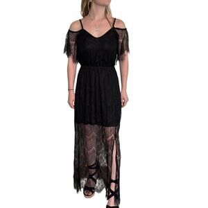 Ella Moss Black Lace Maxi Dress XS Cold Shoulder Formal Boho Witchy Look
